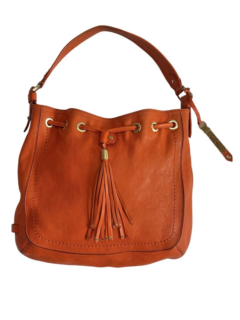 Cole Haan Orange Rust Leather Hobo Bag Tassel Drawstring B28068